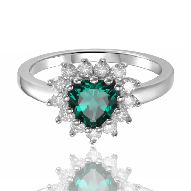 0.93 Ct Heart Green Created Emerald and White Topaz Prong Silver Floral Halo Ring made by Zulily