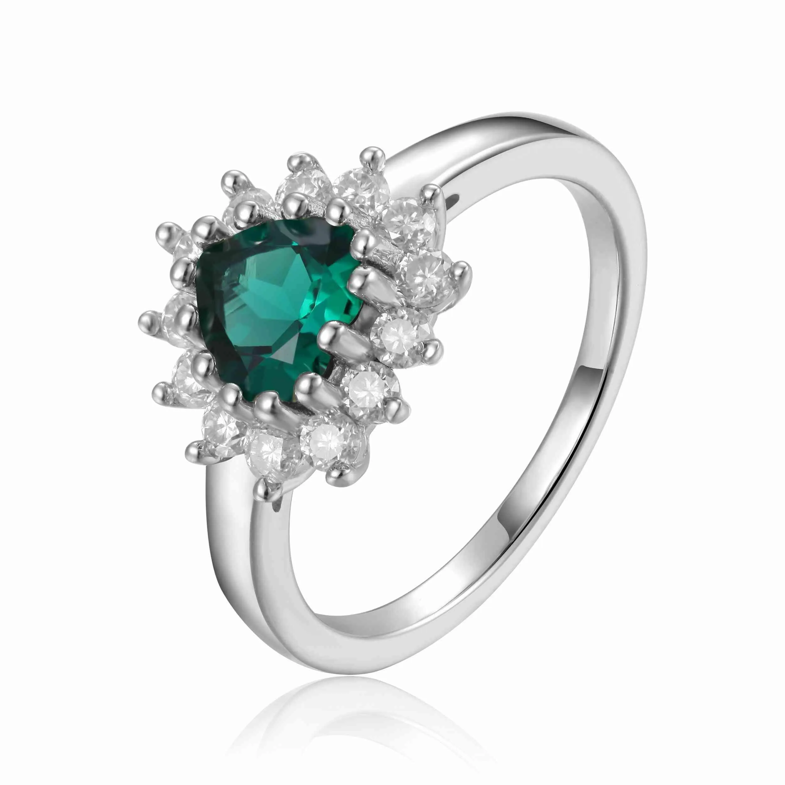 0.93 Ct Heart Green Created Emerald and White Topaz Prong Silver Floral Halo Ring sold by Zulily product image thumbnail 2