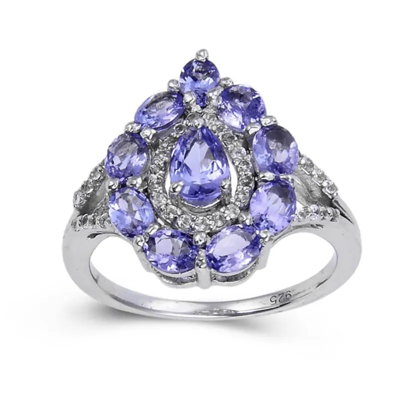 2.42 Ct Pear Blue Violet Tanzanite and White Topaz Prong Silver Teardrop Cocktail Ring made by Zulily