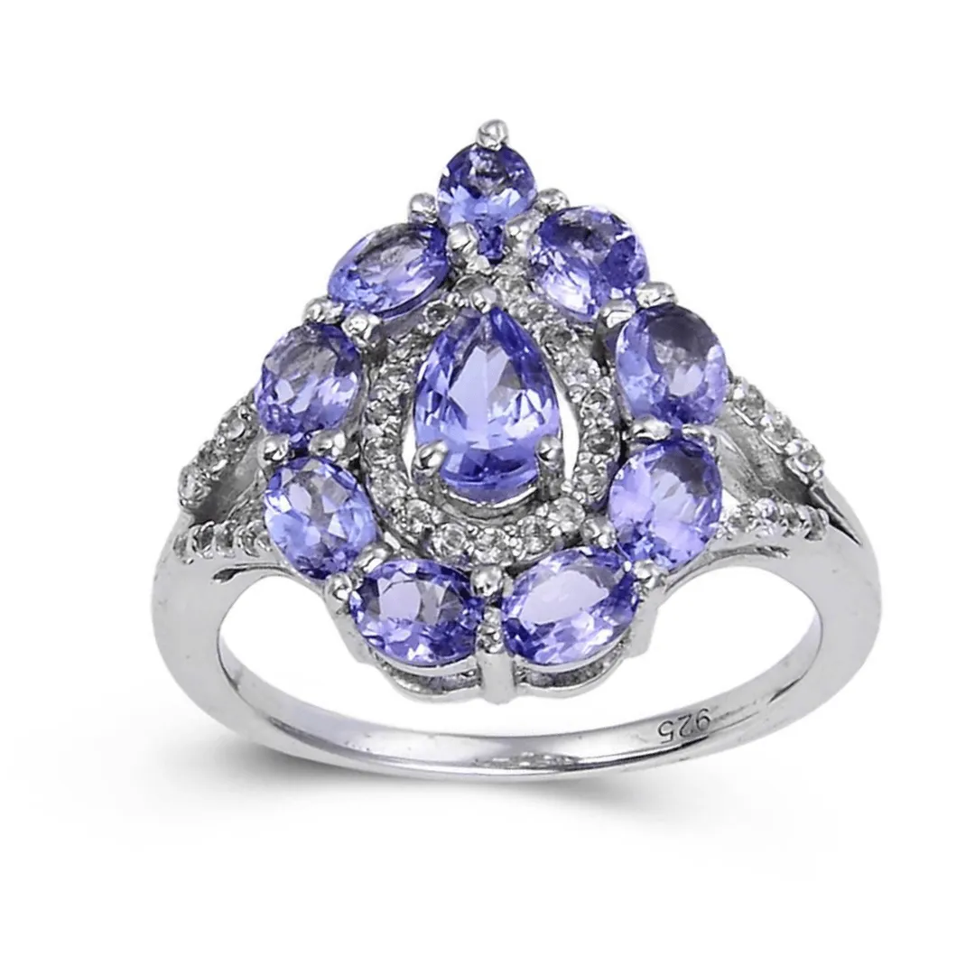 2.42 Ct Pear Blue Violet Tanzanite and White Topaz Prong Silver Teardrop Cocktail Ring sold by Zulily