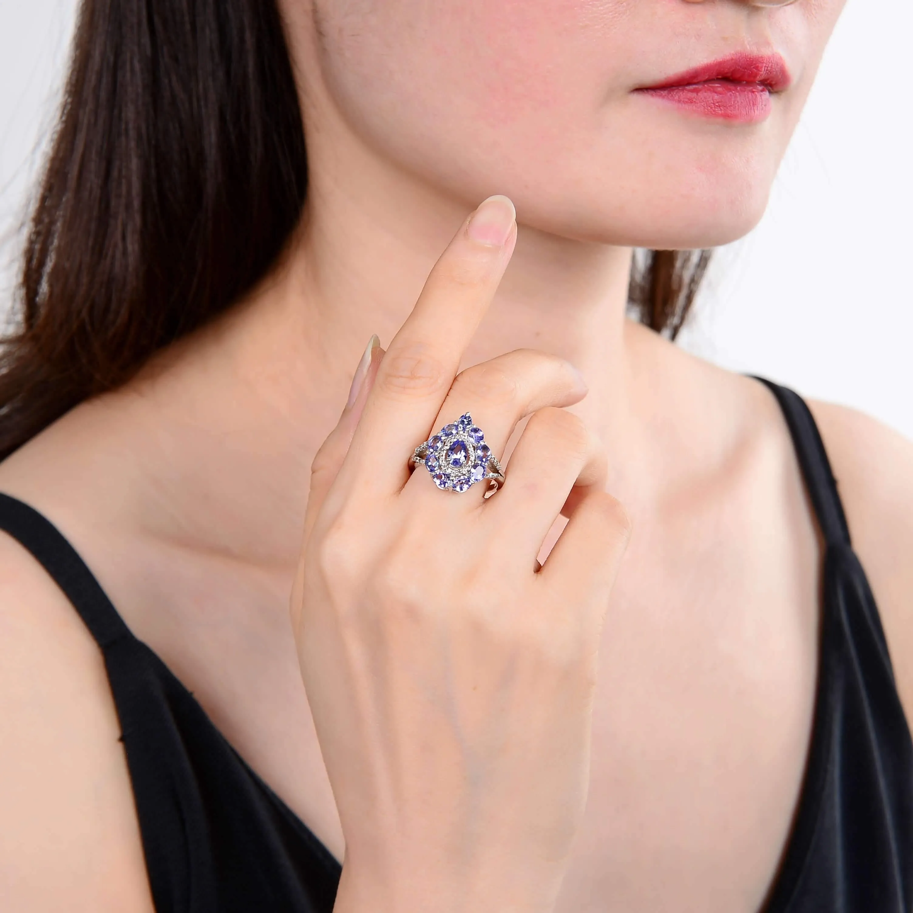 2.42 Ct Pear Blue Violet Tanzanite and White Topaz Prong Silver Teardrop Cocktail Ring sold by Zulily product image thumbnail 2