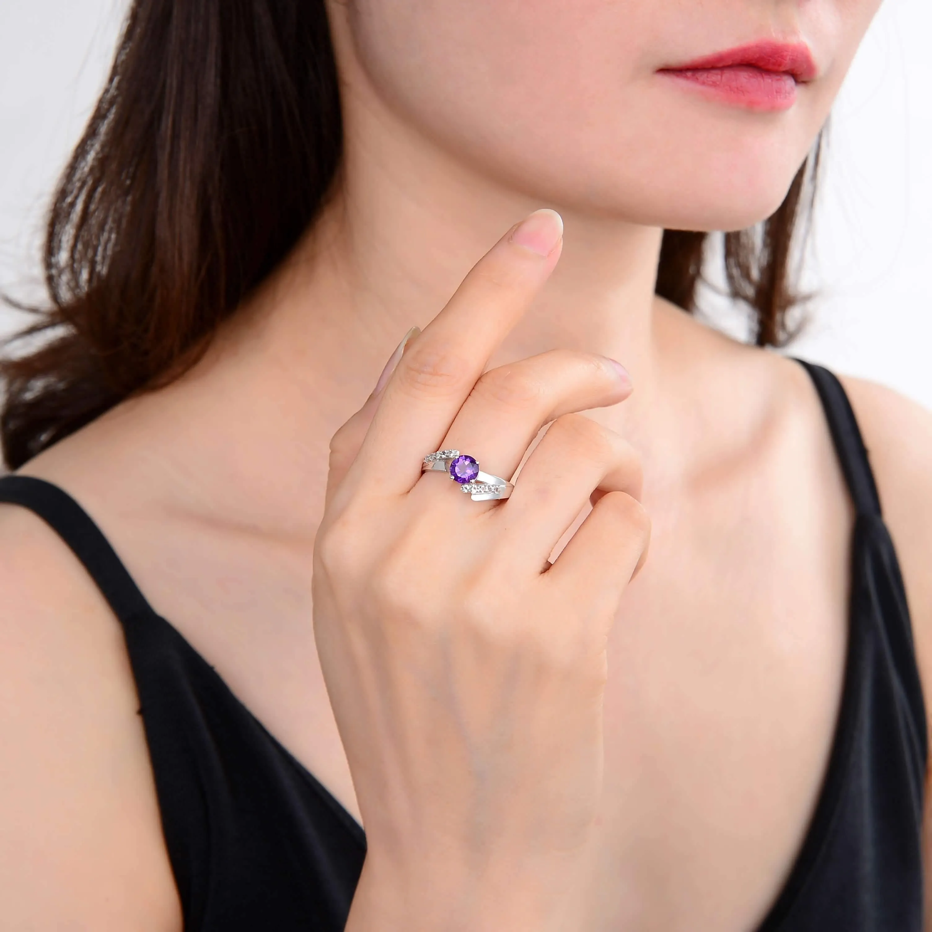 1.10 Ct Round Purple Amethyst and White Topaz Prong Silver Promise Ring sold by Zulily product image thumbnail 2