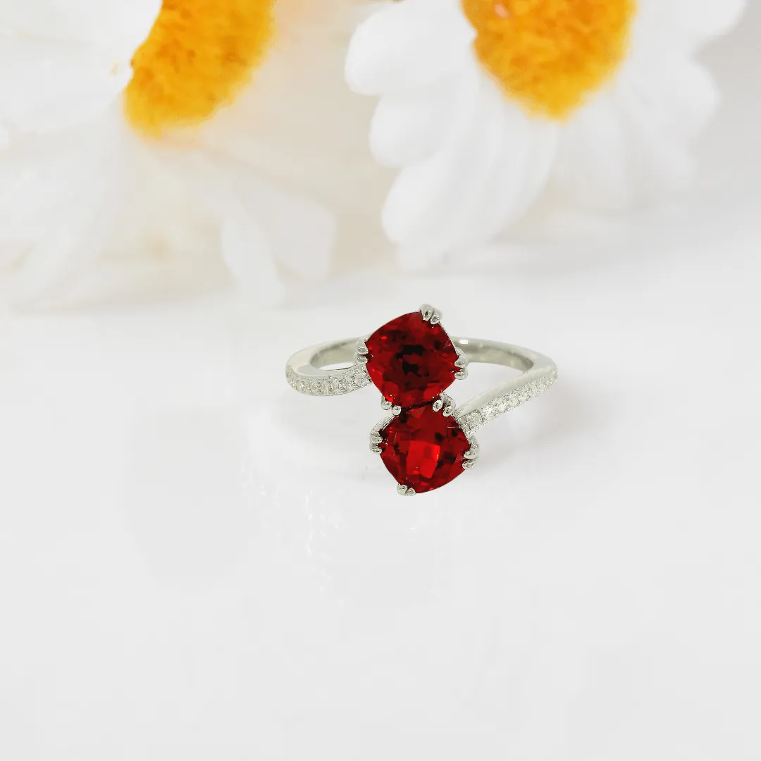 Cushion Red Lab Grown Ruby Silver Bypass Dual Stone Ring sold by Zulily product image thumbnail 3