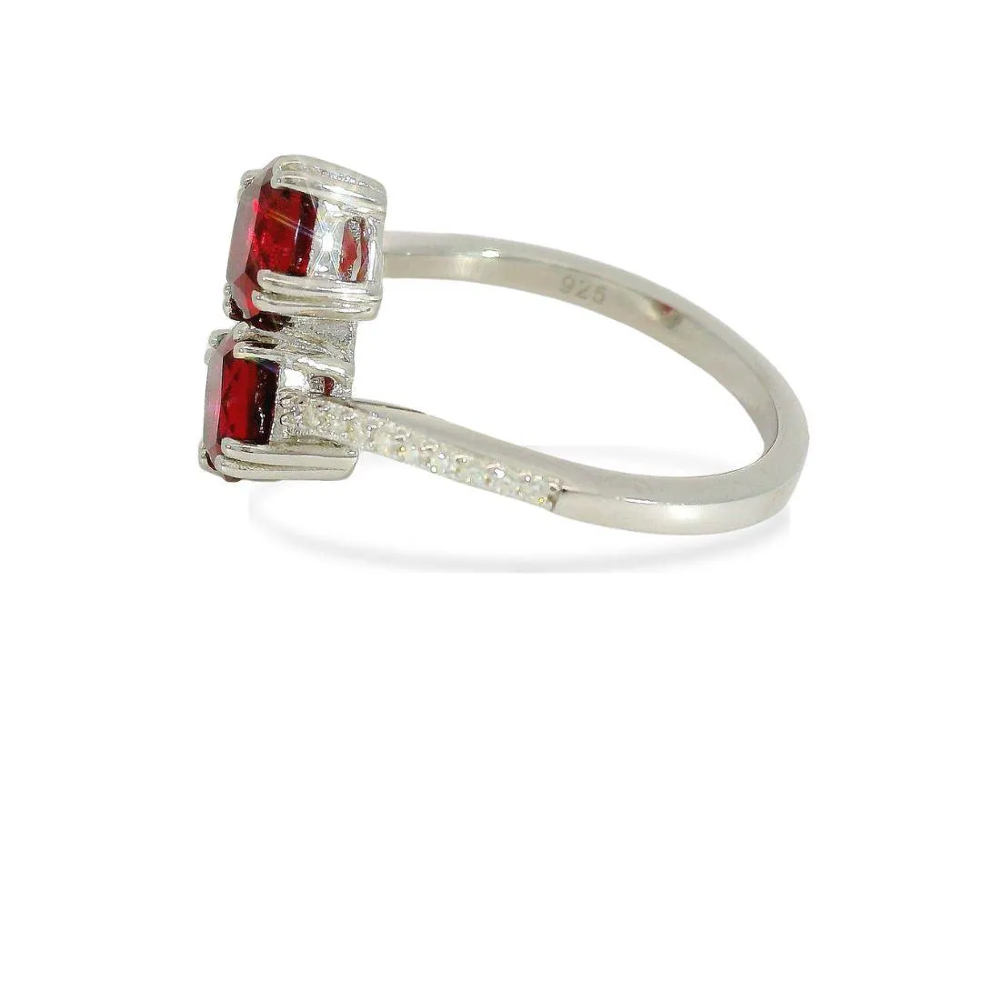 Cushion Red Lab Grown Ruby Silver Bypass Dual Stone Ring sold by Zulily product image thumbnail 4