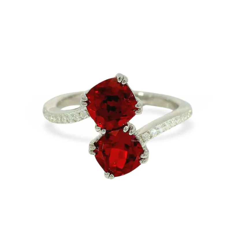 Cushion Red Lab Grown Ruby Silver Bypass Dual Stone Ring made by Zulily