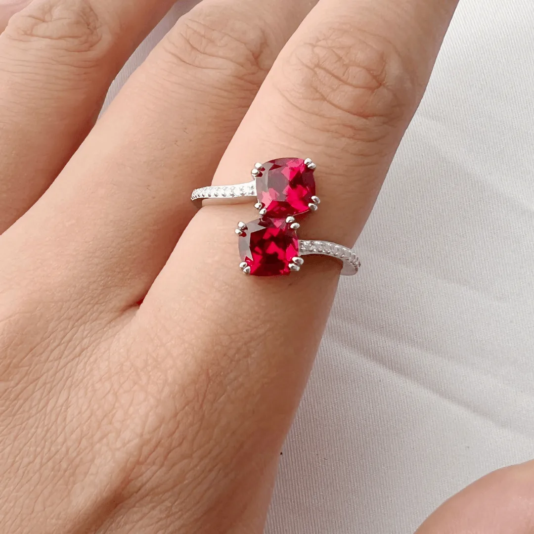 Cushion Red Lab Grown Ruby Silver Bypass Dual Stone Ring sold by Zulily product image thumbnail 2