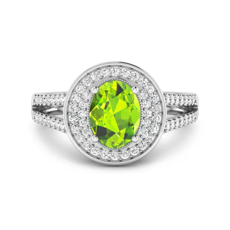 1.39 Ct Oval Green Peridot and White Diamond Prong Silver Double Halo Pave Ring made by Zulily