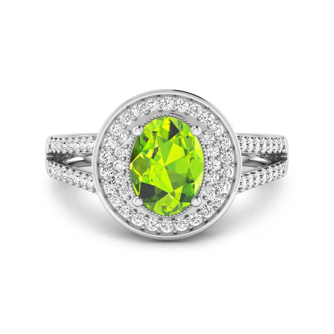 1.39 Ct Oval Green Peridot and White Diamond Prong Silver Double Halo Pave Ring sold by Zulily