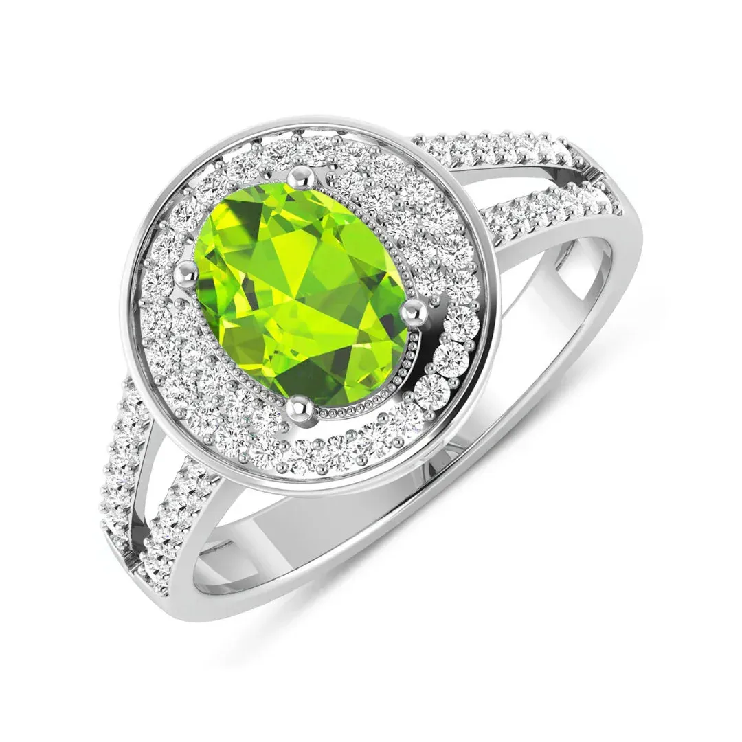 1.39 Ct Oval Green Peridot and White Diamond Prong Silver Double Halo Pave Ring sold by Zulily product image thumbnail 2