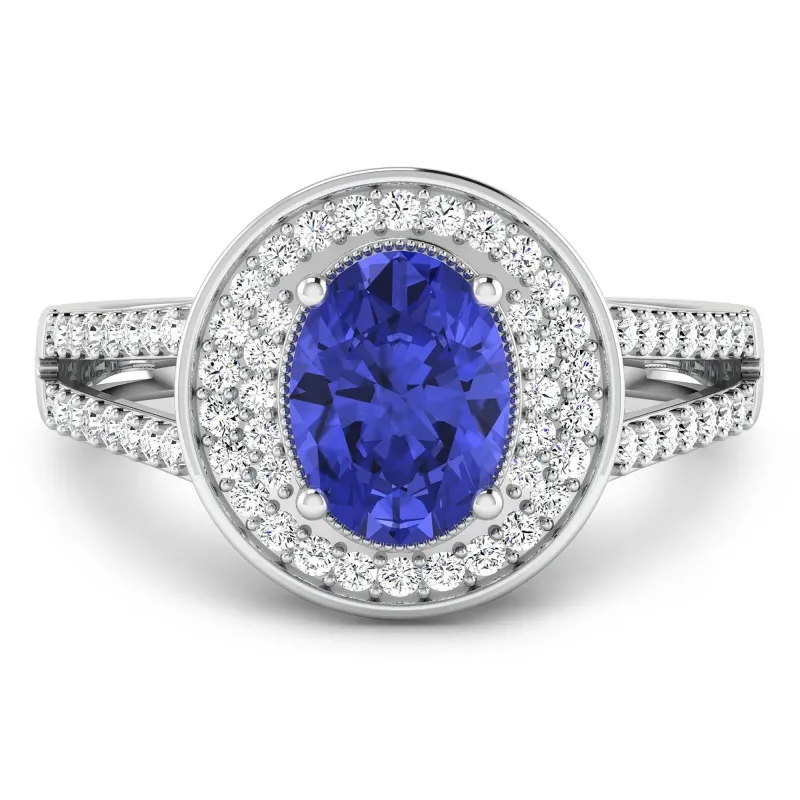 1.43 Ct Oval Violet Tanzanite and White Diamond Prong 14k Gold Halo Pave Statement Ring made by Zulily