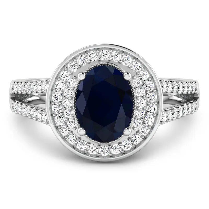 1.64 Ct Oval Blue Sapphire and White Diamond Prong 14k Gold Halo Pave Statement Ring made by Zulily