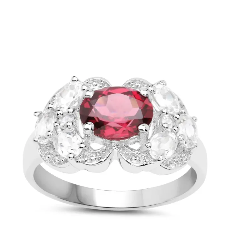 3.16 Ct Oval Red Rhodolite Garnet and White Zircon Prong Silver Cocktail Ring made by Zulily
