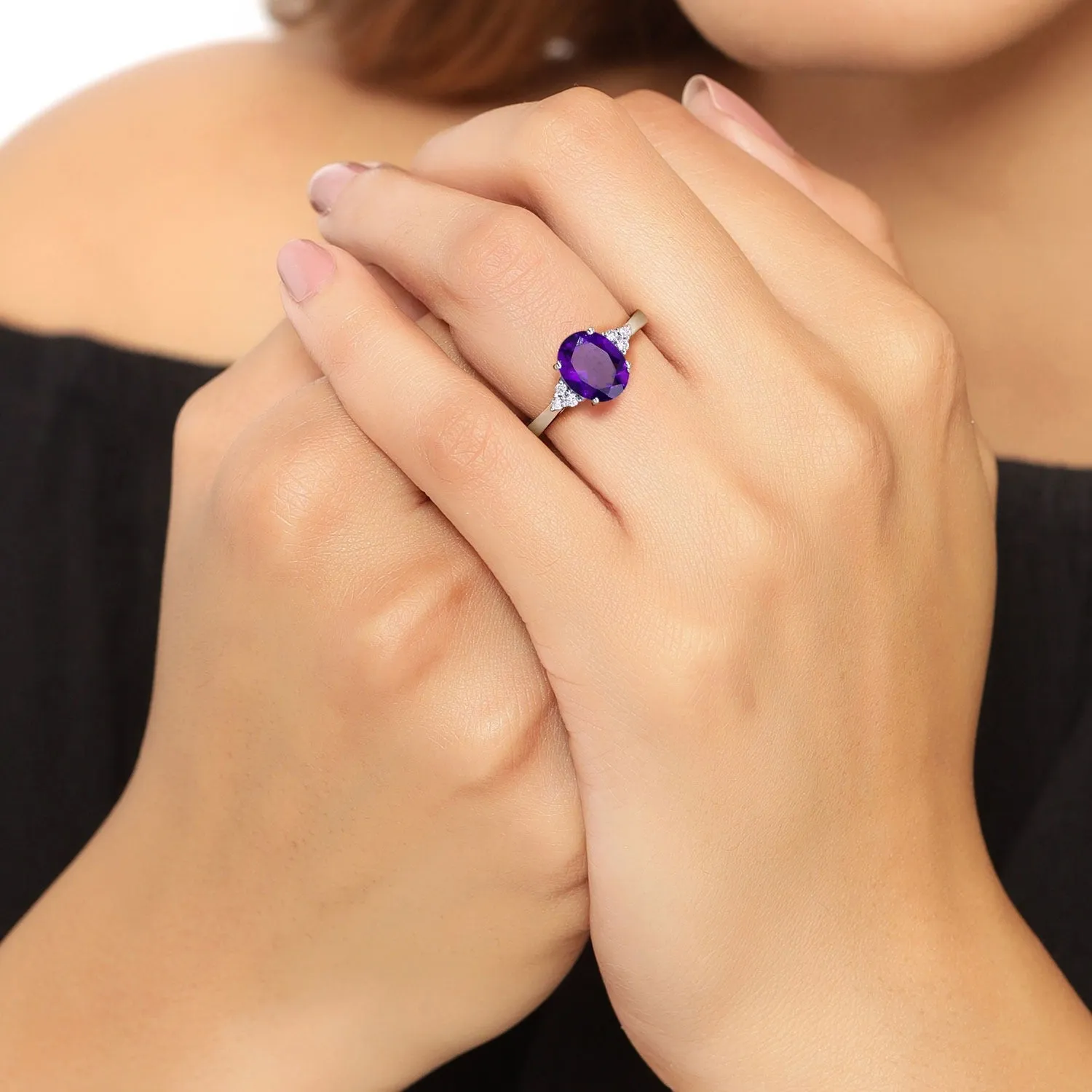 1.60 Ct Oval Purple Amethyst and Lab Diamond Prong Silver Cocktail Ring sold by Zulily product image thumbnail 3