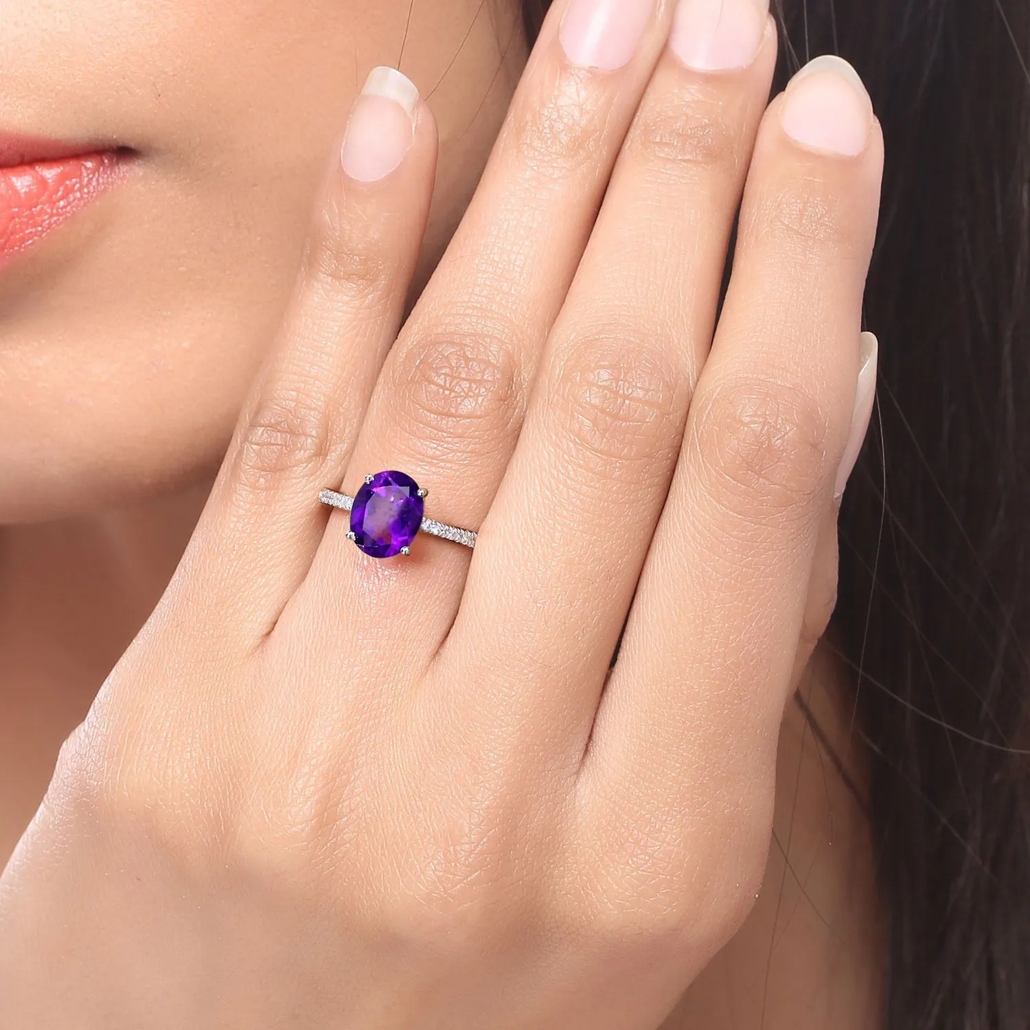 2.20 Ct Oval Purple Amethyst and Lab Diamond Prong Silver Pave Cocktail Ring sold by Zulily product image thumbnail 3