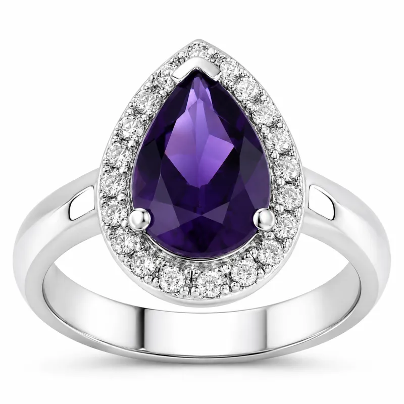 1.15 Ct Pear Purple Amethyst and Lab Diamond Prong Silver Halo Ring made by Zulily