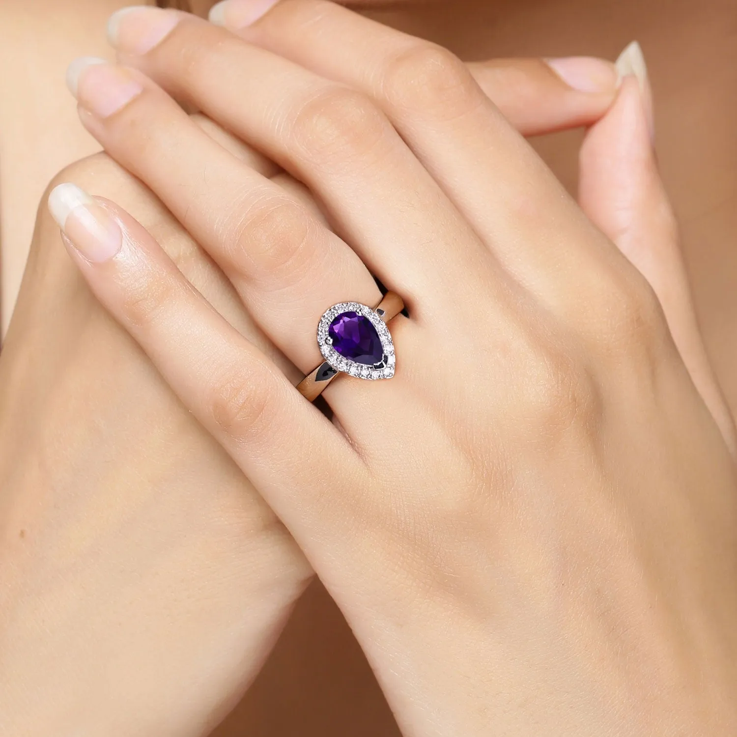 1.15 Ct Pear Purple Amethyst and Lab Diamond Prong Silver Halo Ring sold by Zulily product image thumbnail 2