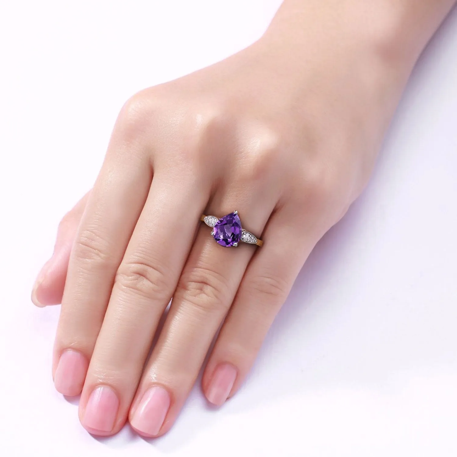 2.10 Ct Pear Purple Amethyst and Lab Diamond Prong Silver Cocktail Ring sold by Zulily product image thumbnail 2
