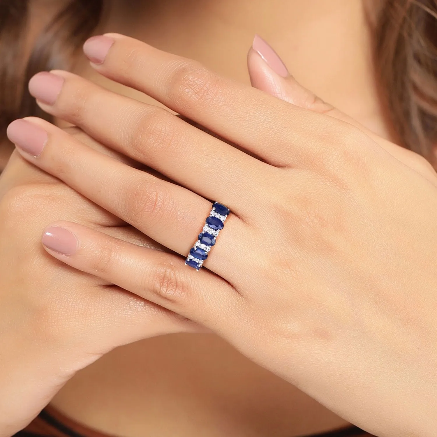 1.25 Ct Oval Blue Sapphire & Lab Diamond Prong Silver Half Eternity Band Five Stone Ring sold by Zulily product image thumbnail 2