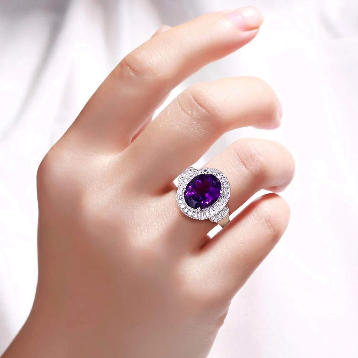 3.20 Ct Oval Purple Amethyst and Lab Diamond Prong Silver Halo Statement Ring sold by Zulily product image thumbnail 3