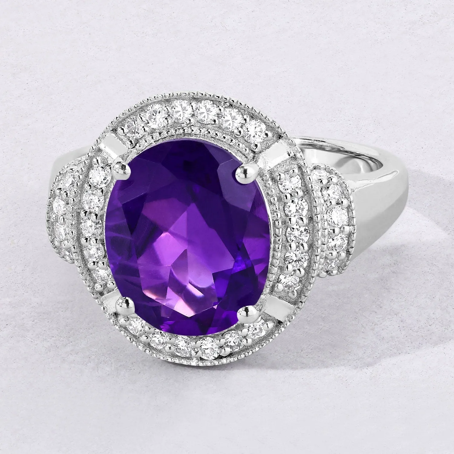 3.20 Ct Oval Purple Amethyst and Lab Diamond Prong Silver Halo Statement Ring sold by Zulily product image thumbnail 4