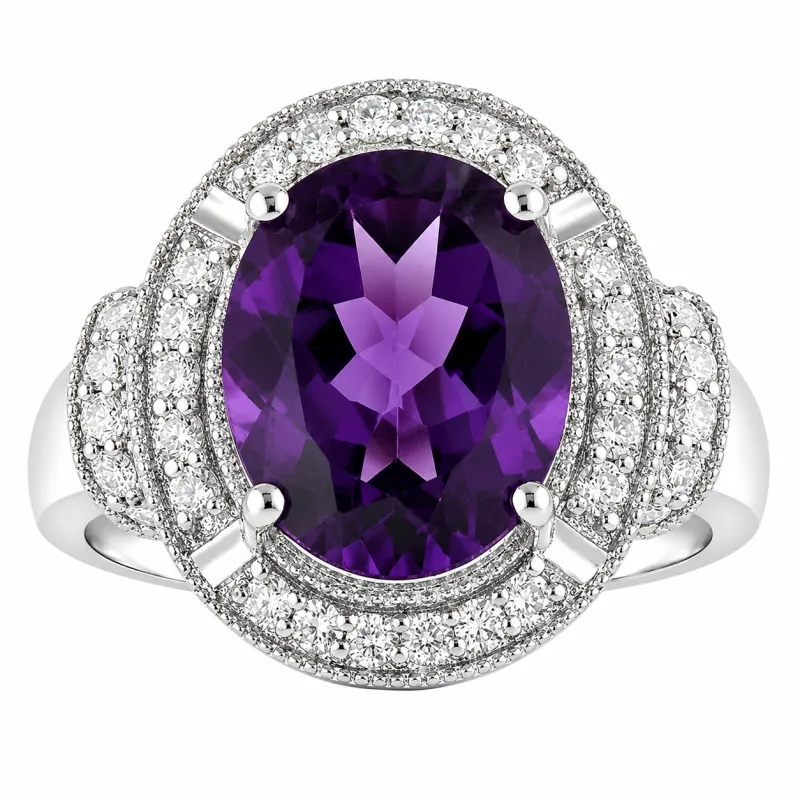 3.20 Ct Oval Purple Amethyst and Lab Diamond Prong Silver Halo Statement Ring made by Zulily