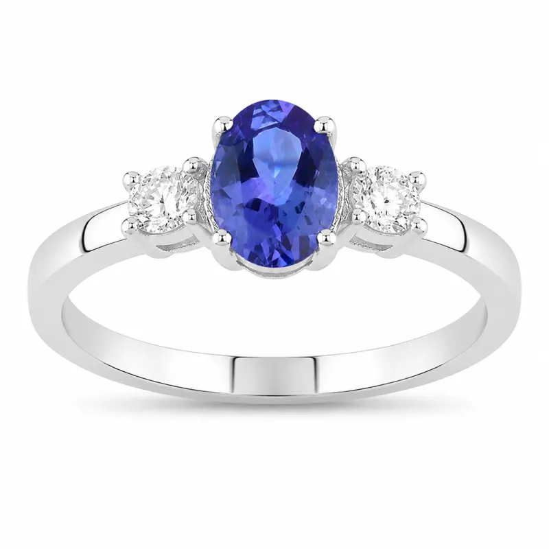 0.75 Ct Oval Violet Tanzanite and Lab Diamond Prong Silver Three Stone Ring made by Zulily