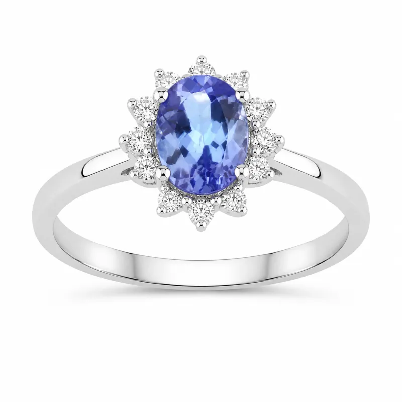 0.75 Ct Oval Violet Tanzanite and Lab Diamond Prong Silver Halo Statement Ring made by Zulily