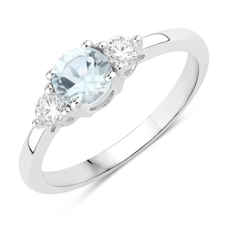 0.38 Ct Round Blue Aquamarine and Lab Diamond Prong Silver Three Stone Ring made by Zulily