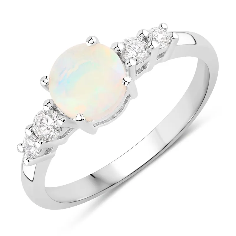 0.60 Ct Round White Ethiopian Opal and Lab Diamond Silver Prong Five Stone Ring made by Zulily