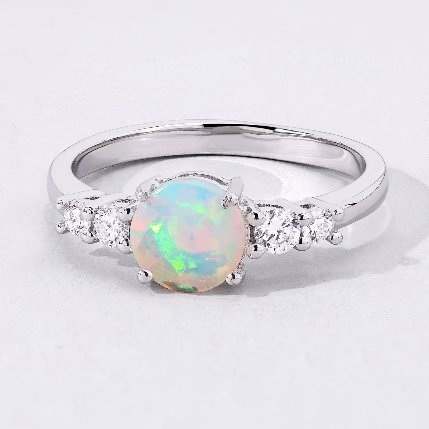 0.60 Ct Round White Ethiopian Opal and Lab Diamond Silver Prong Five Stone Ring sold by Zulily product image thumbnail 5
