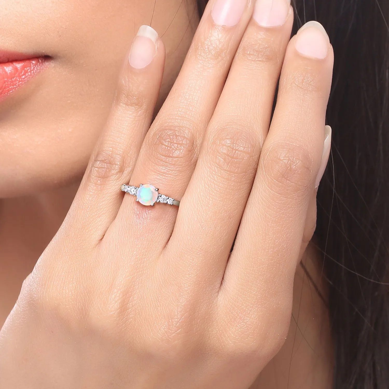 0.60 Ct Round White Ethiopian Opal and Lab Diamond Silver Prong Five Stone Ring sold by Zulily product image thumbnail 2
