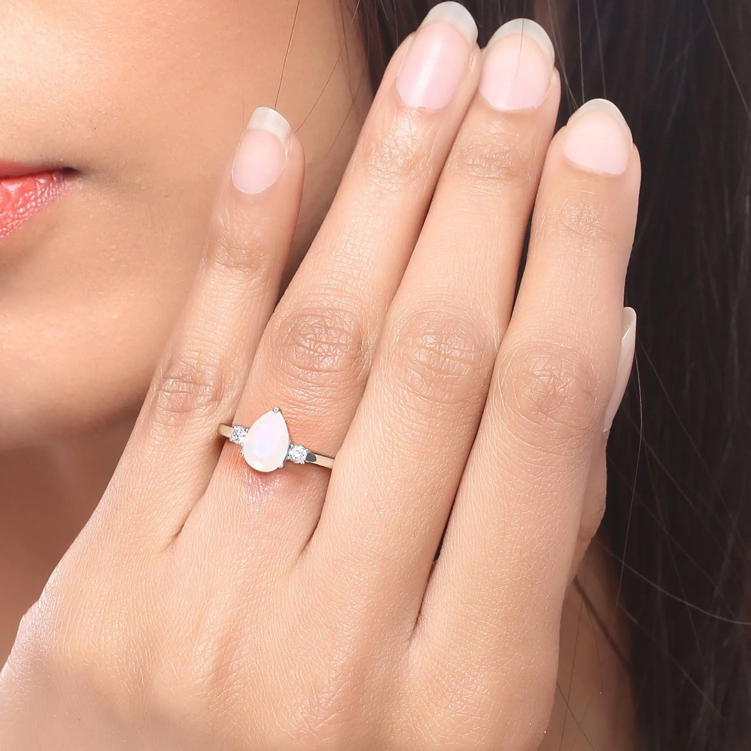 0.90 Ct Pear White Ethiopian Opal and Lab Diamond Prong Silver Three Stone Ring sold by Zulily product image thumbnail 2