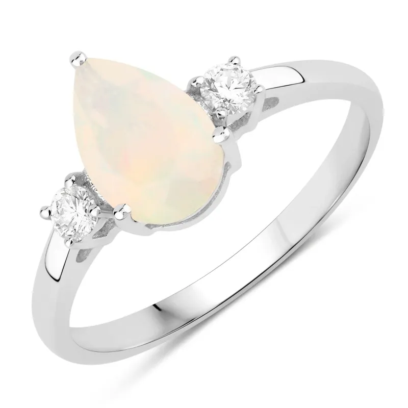 0.90 Ct Pear White Ethiopian Opal and Lab Diamond Prong Silver Three Stone Ring made by Zulily