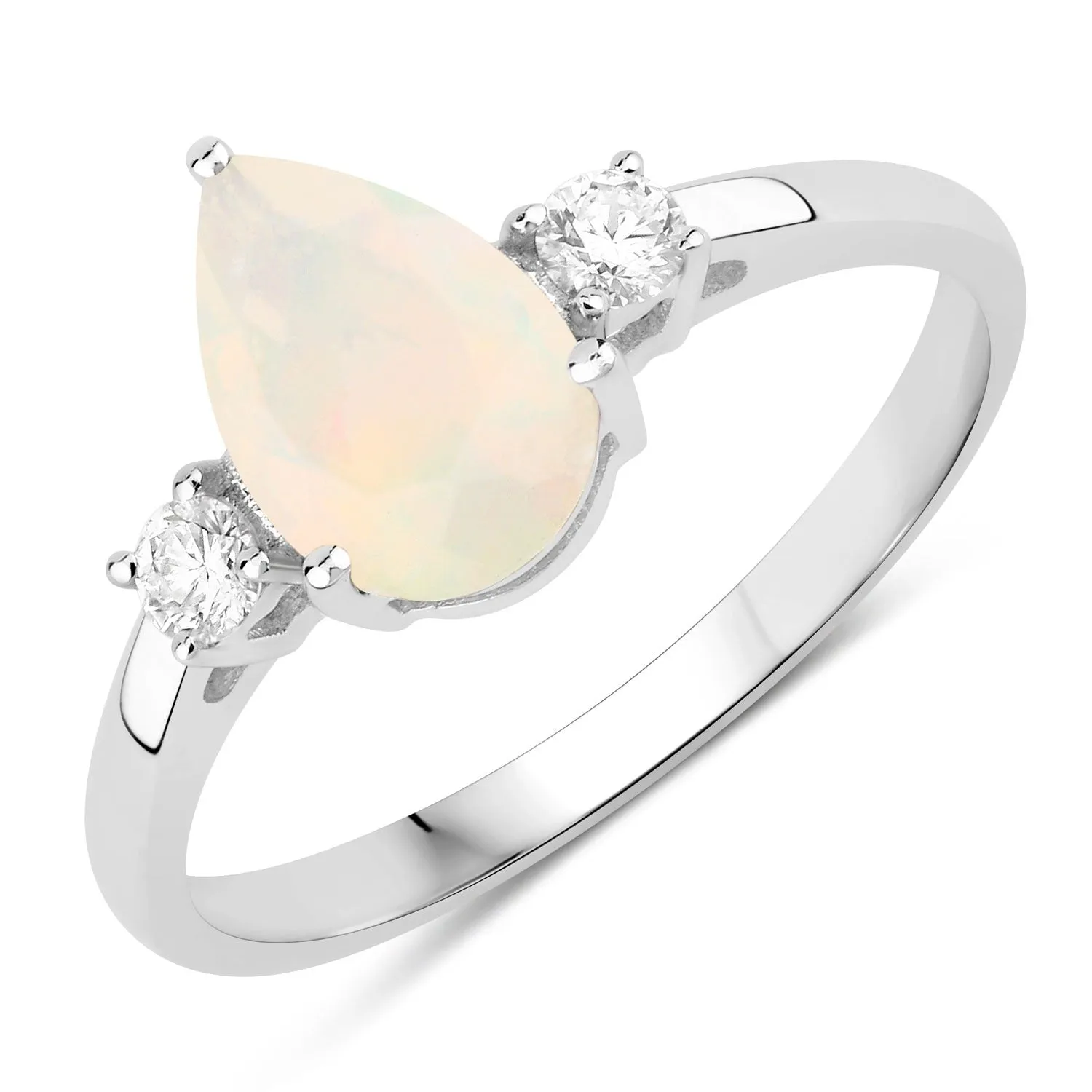 0.90 Ct Pear White Ethiopian Opal and Lab Diamond Prong Silver Three Stone Ring sold by Zulily
