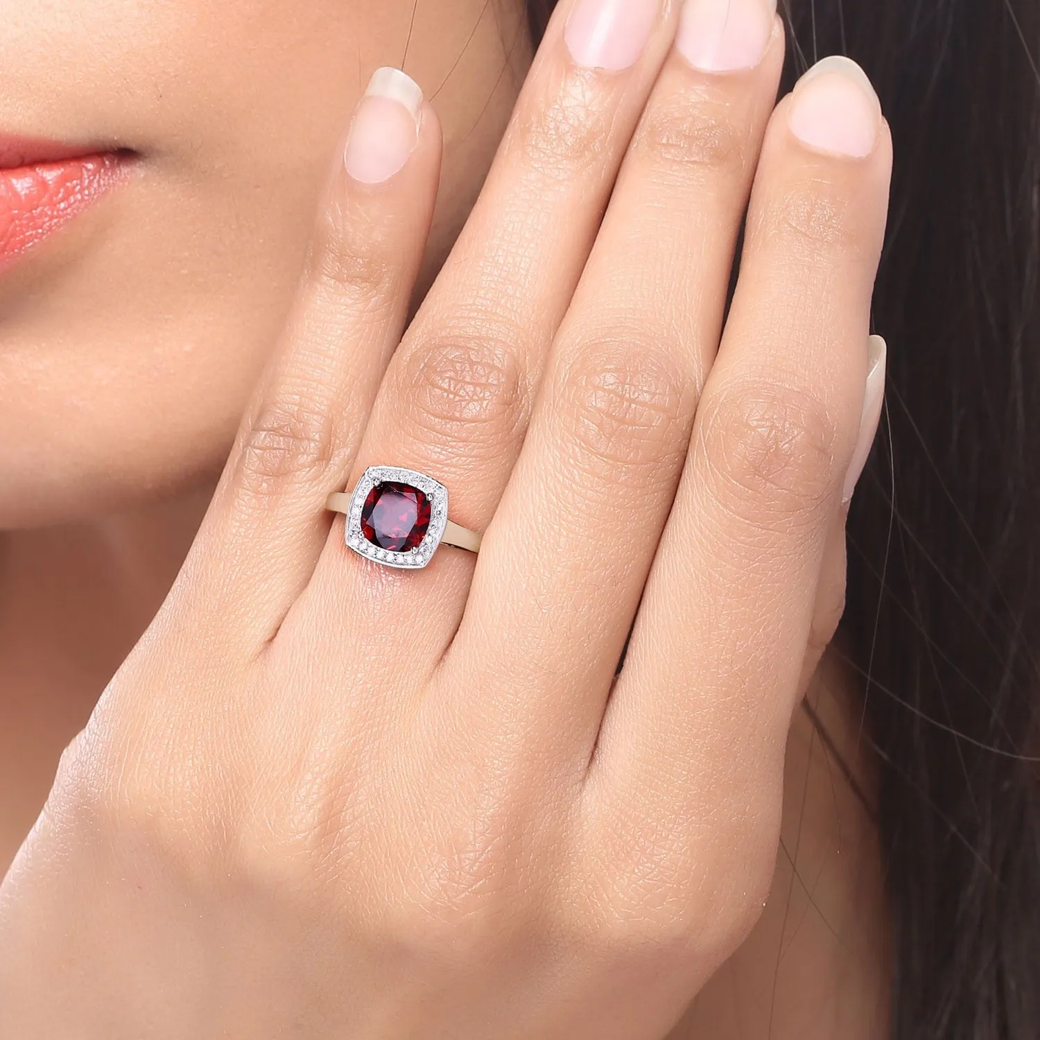 2.35 Ct Cushion Red Mozambique Garnet and Lab Diamond Prong Silver Halo Ring sold by Zulily product image thumbnail 2