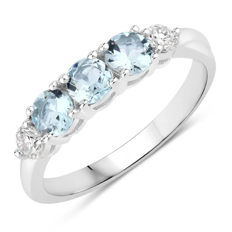 0.66 Ct Round Blue Aquamarine and Lab Diamond Prong Silver Five Stone Ring made by Zulily