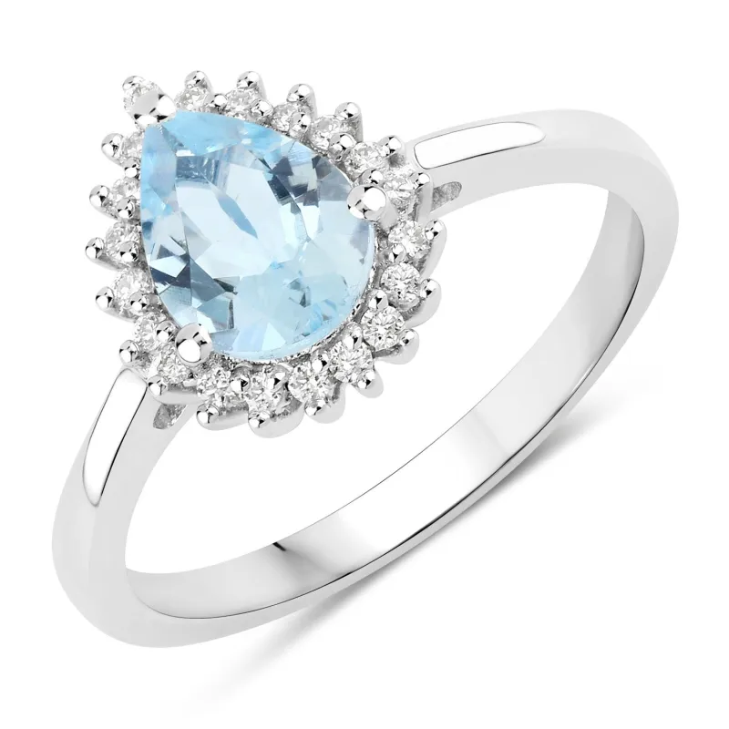 0.83 Ct Pear Blue Aquamarine & Lab Diamond Prong Silver Halo Ring made by Zulily