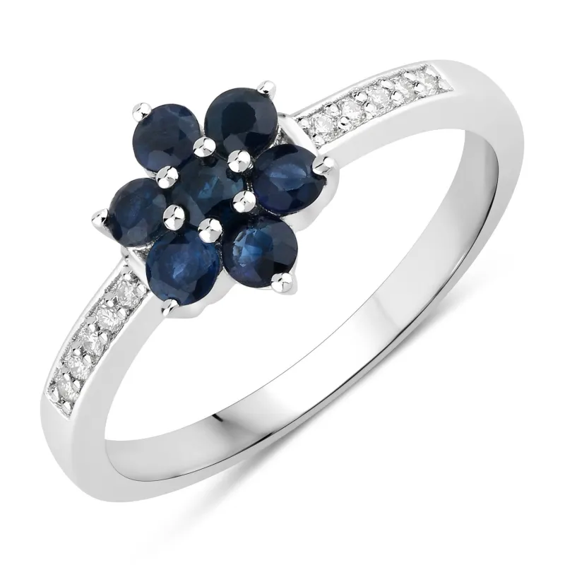 0.49 Ct Round Blue Sapphire and Lab Diamond Prong Silver Pave Floral Ring made by Zulily