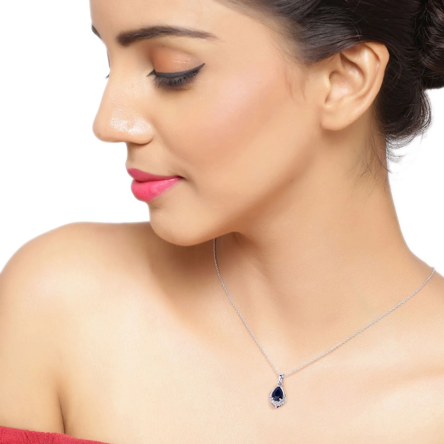 0.80 Ct Pear Blue Sapphire & Lab Diamond Prong Silver Teardrop Pendant Necklace sold by Zulily product image thumbnail 2
