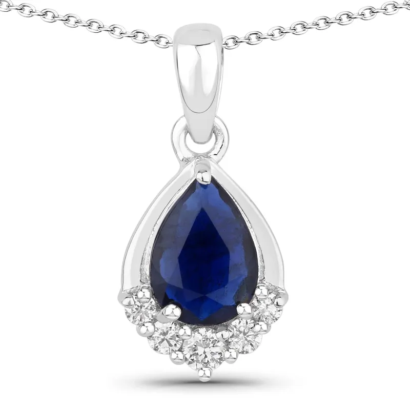 0.80 Ct Pear Blue Sapphire & Lab Diamond Prong Silver Teardrop Pendant Necklace made by Zulily