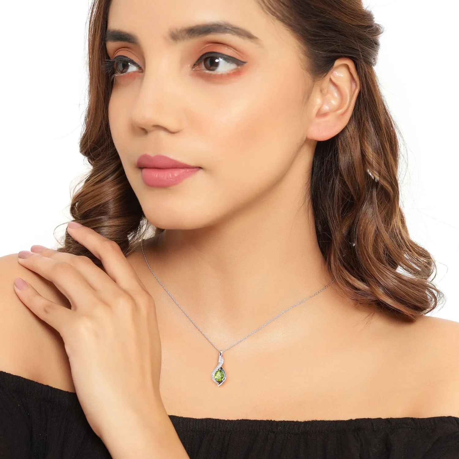 1.46 Ct Pear Green Peridot & Lab Diamond Prong Silver Teardrop Crossover Pendant Necklace sold by Zulily product image thumbnail 2