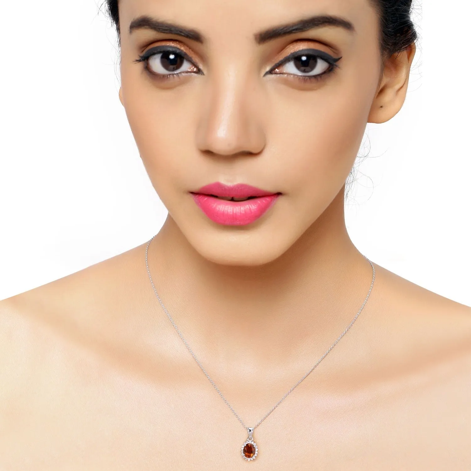 1.70 Ct Oval Orange Madeira Citrine & Lab Diamond Prong Silver Halo Pendant Necklace sold by Zulily product image thumbnail 2