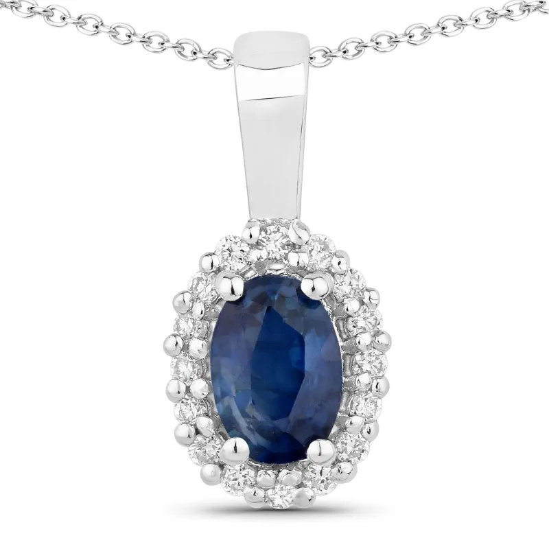 0.55 Ct oval Blue Sapphire and Lab Diamond prong Silver Halo pendant Necklace made by Zulily