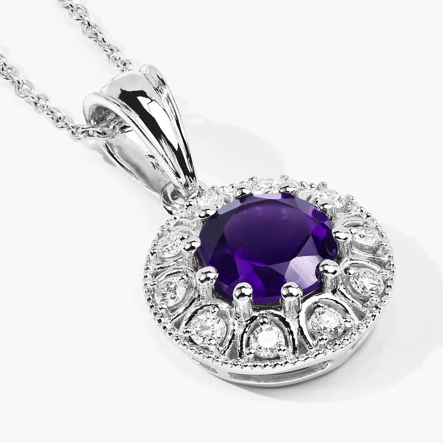 1.80 Ct round purple Amethyst and Lab Diamond prong Silver Halo pendant Necklace sold by Zulily product image thumbnail 3