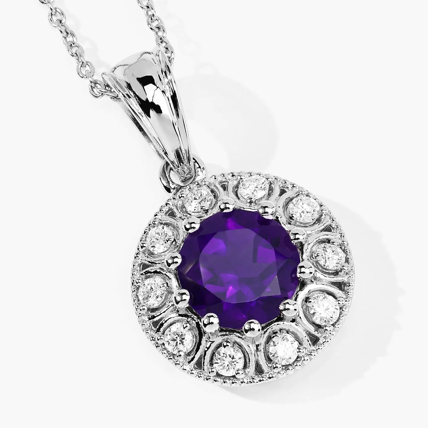 1.80 Ct round purple Amethyst and Lab Diamond prong Silver Halo pendant Necklace sold by Zulily product image thumbnail 4