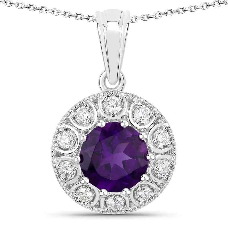 1.80 Ct round purple Amethyst and Lab Diamond prong Silver Halo pendant Necklace made by Zulily