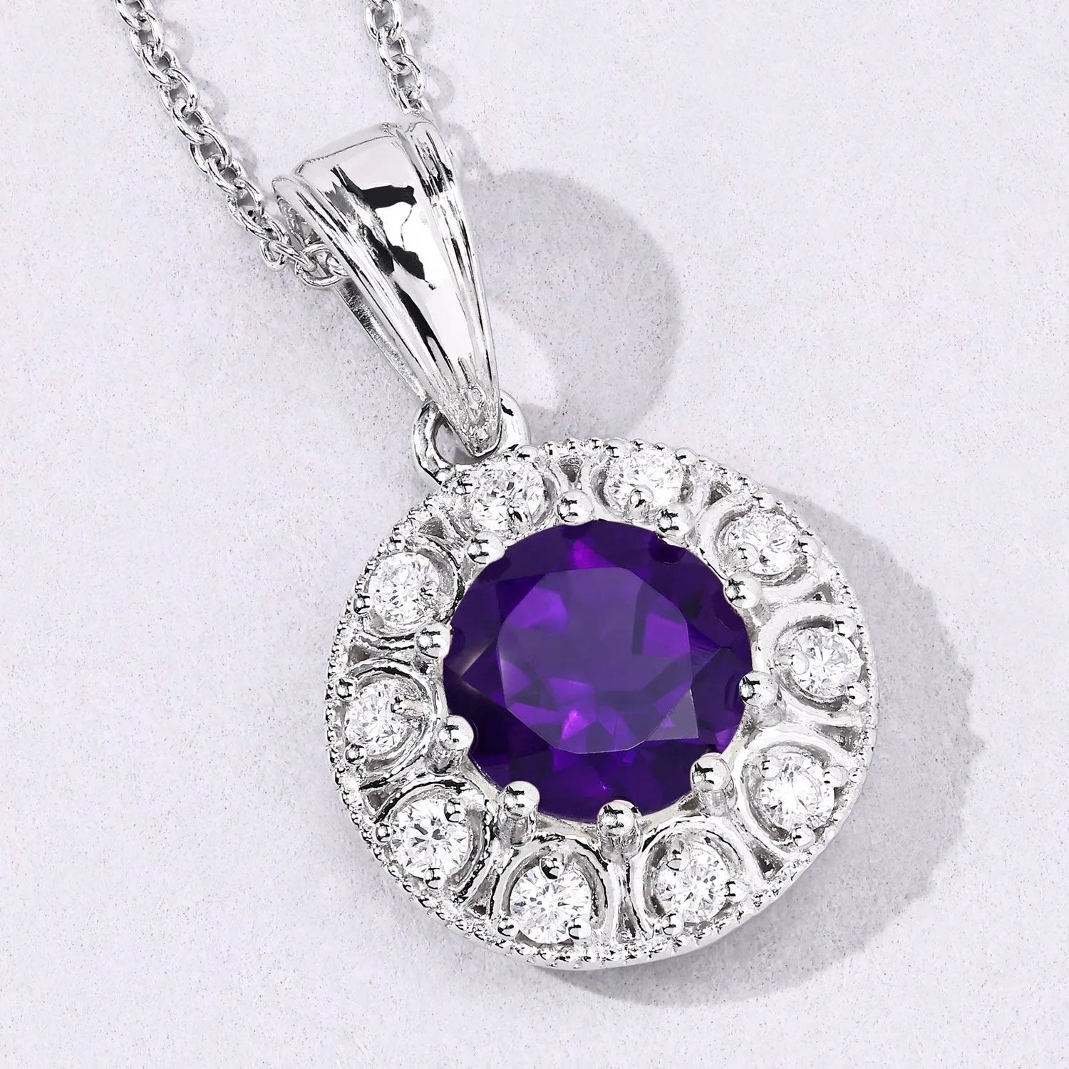 1.80 Ct round purple Amethyst and Lab Diamond prong Silver Halo pendant Necklace sold by Zulily product image thumbnail 5