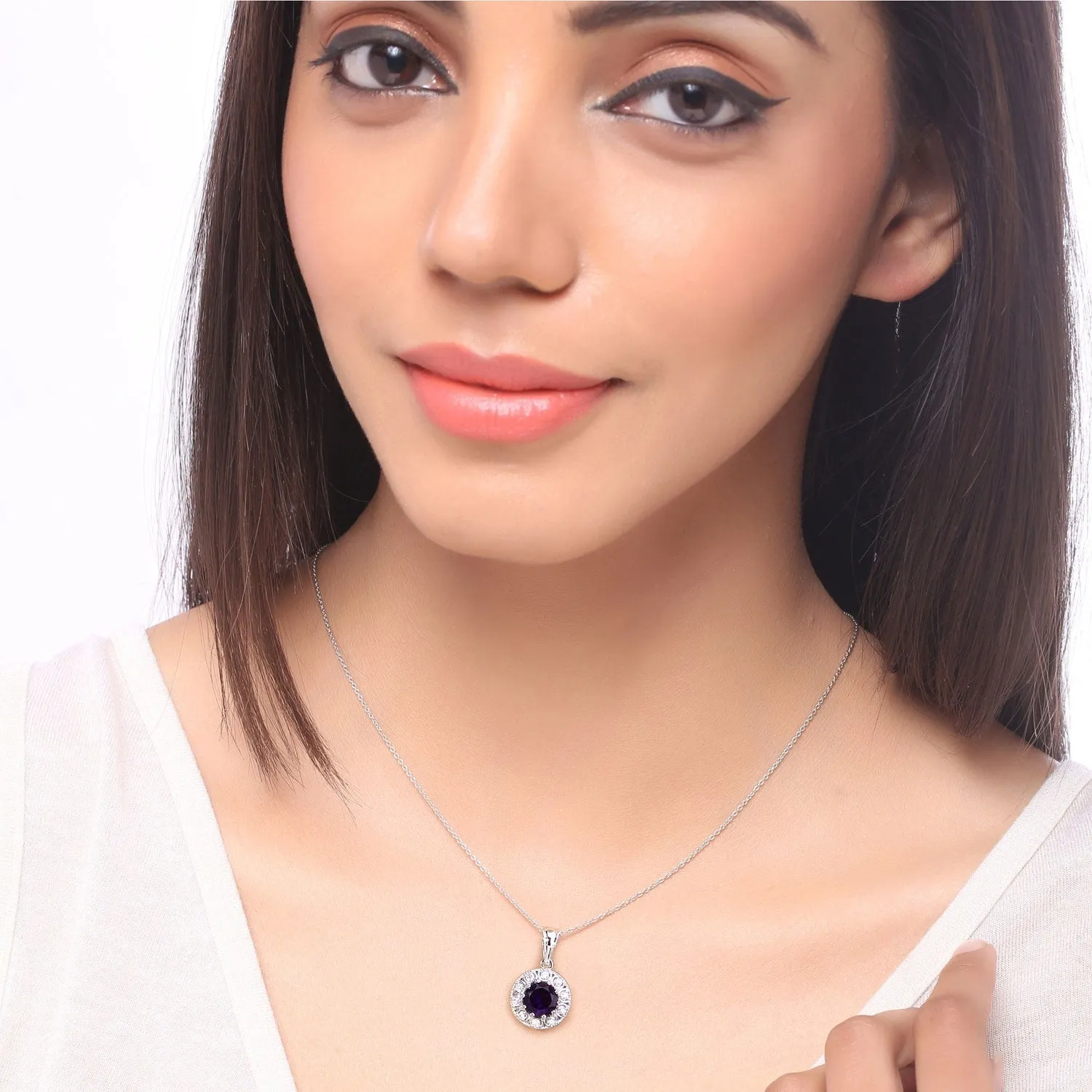 1.80 Ct round purple Amethyst and Lab Diamond prong Silver Halo pendant Necklace sold by Zulily product image thumbnail 2