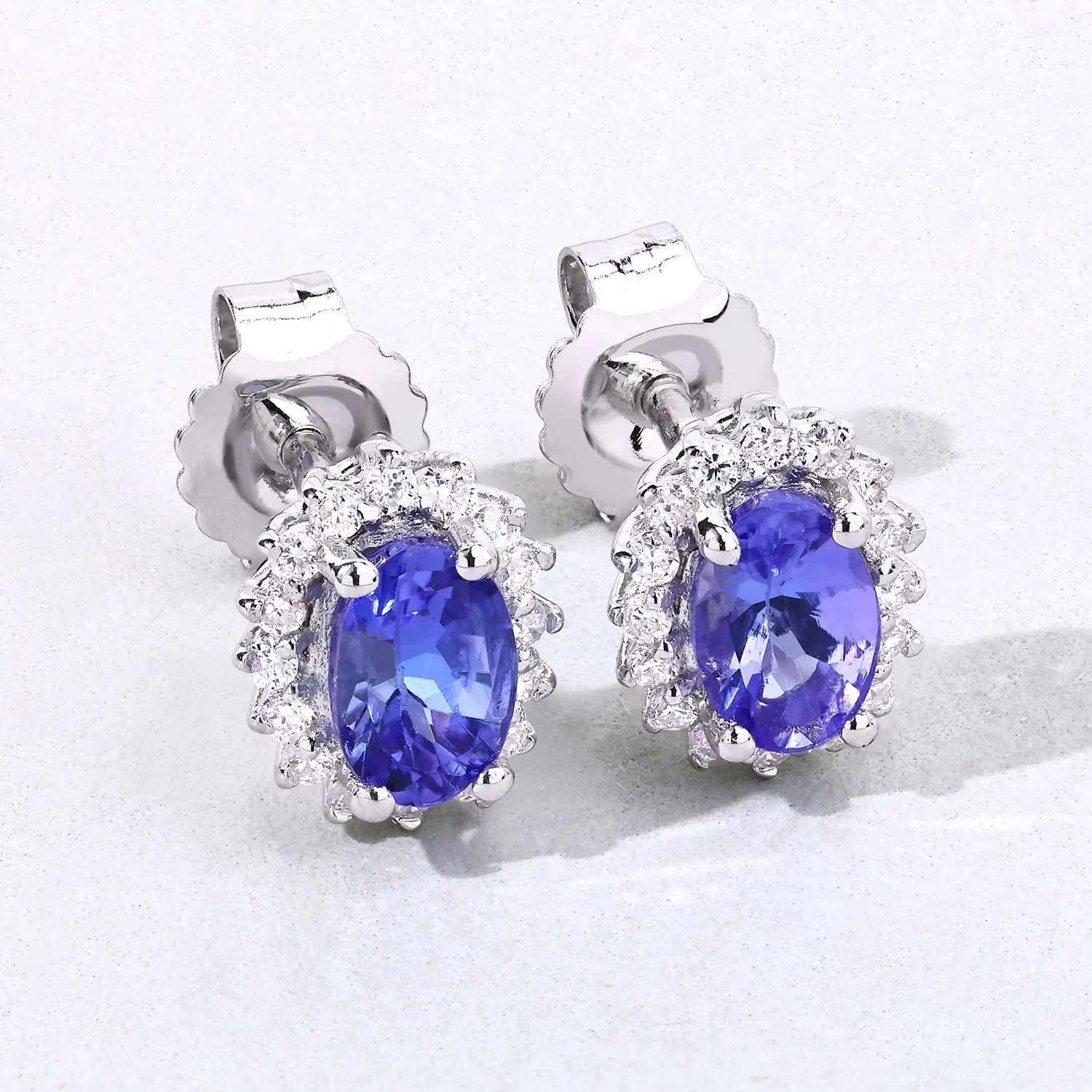 0.88 Ct Oval Violet Tanzanite & Lab Diamond Prong Silver Halo Basket Stud Earrings sold by Zulily product image thumbnail 5