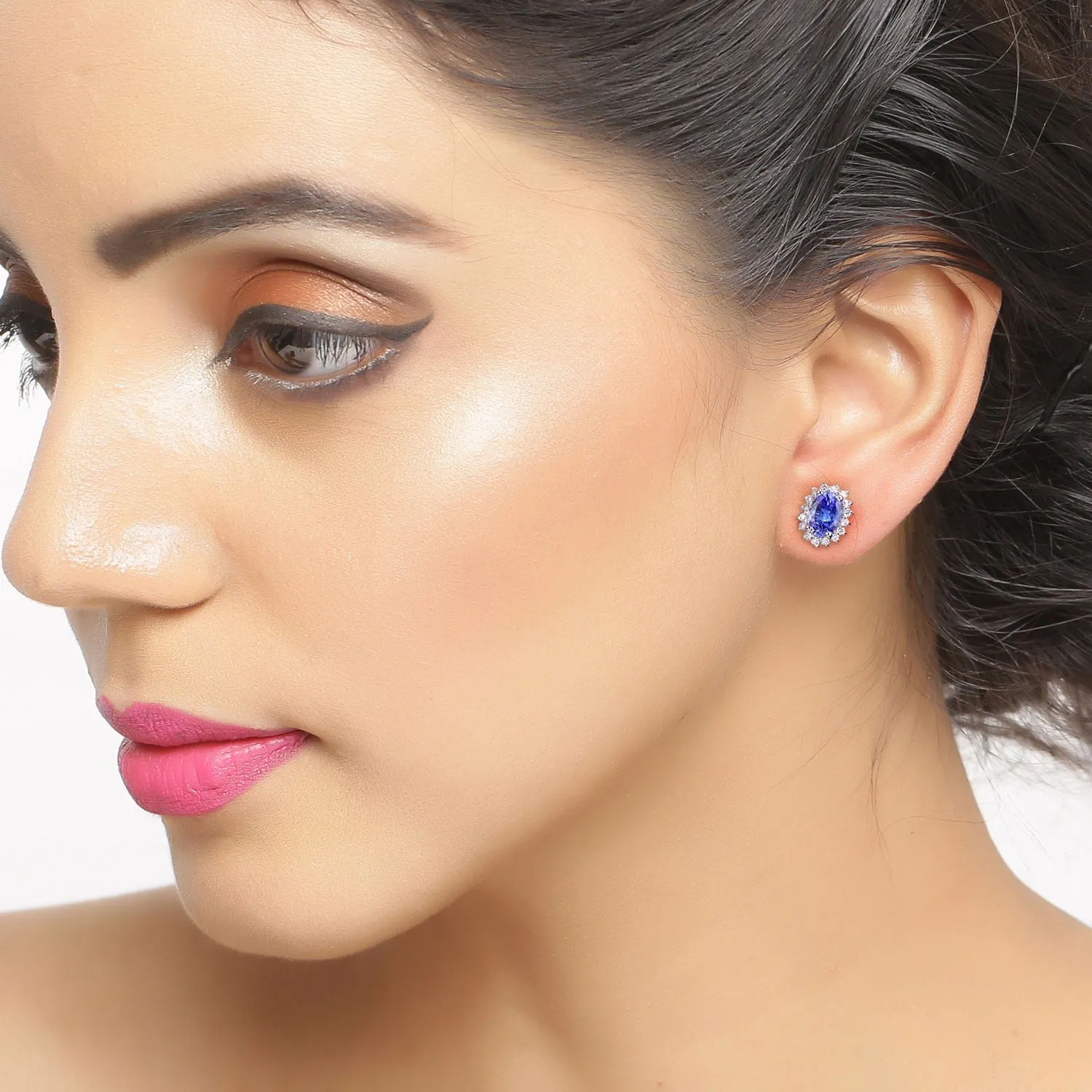 0.88 Ct Oval Violet Tanzanite & Lab Diamond Prong Silver Halo Basket Stud Earrings sold by Zulily product image thumbnail 2